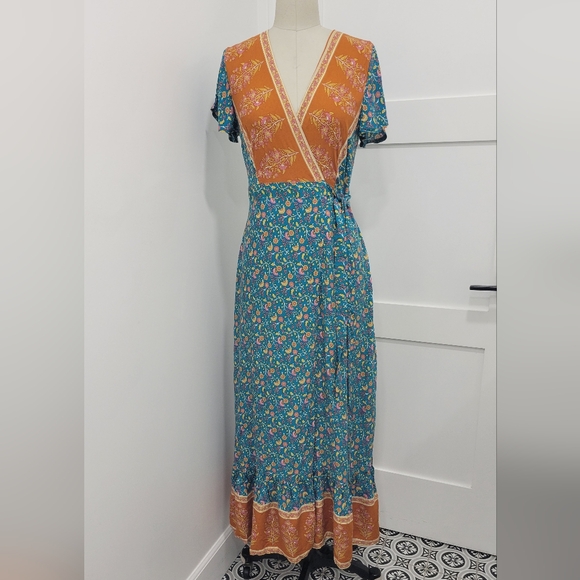 ZESICA Women's Floral Print Bohemian Waist Tie Wrap Long Flowy Dress Size S - Picture 2 of 10